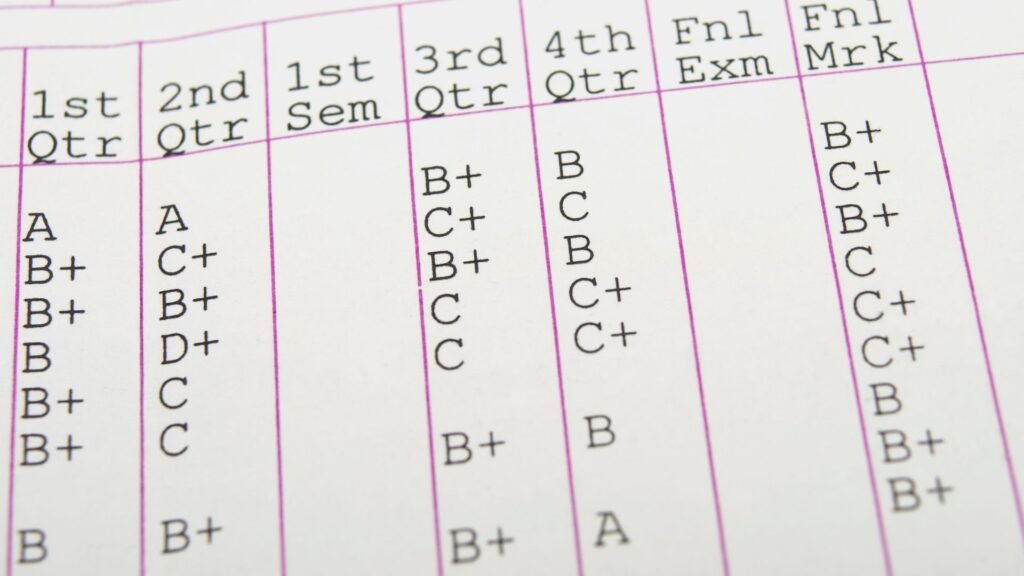 A report card displaying grades across various quarters, semesters, final exam, and final marks, with grades ranging from A to D in different subjects. Curious about how these grades affect your future? Discover if does high school GPA matter after high school.