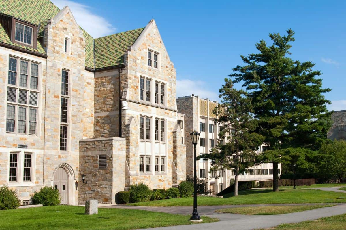 A stone academic building with large windows and a green lawn sits beside a tall tree under a clear blue sky—it’s the perfect spot for students to review common medical school interview questions before their big day.